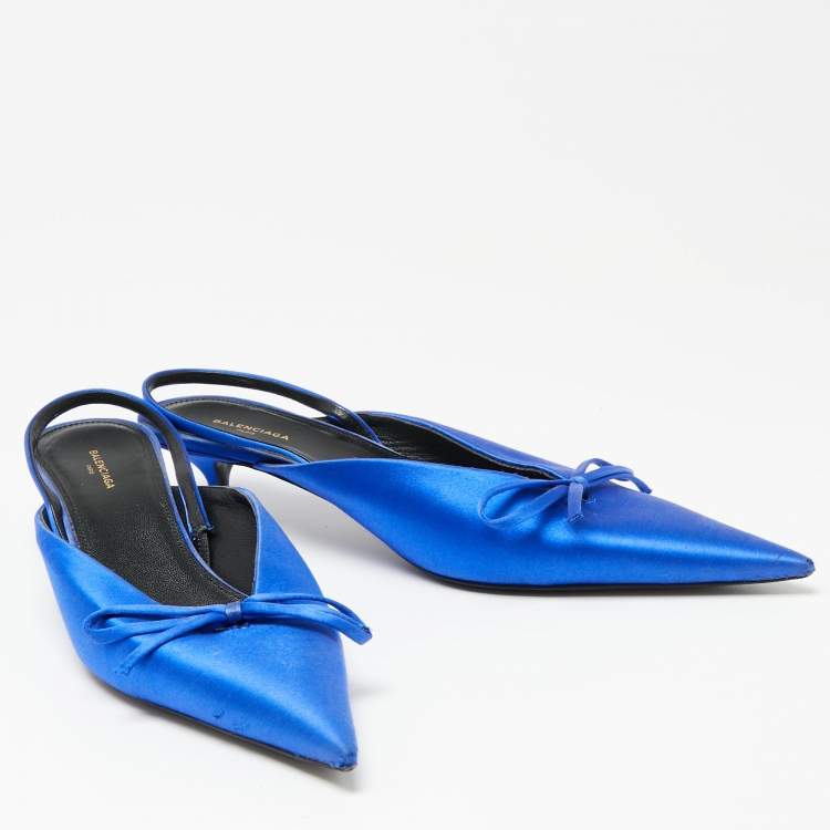 Pre Owned Balenciaga Blue Satin Bow Knife Slingback Sandals Size 37