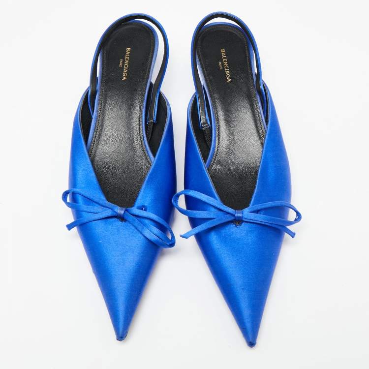 Pre Owned Balenciaga Blue Satin Bow Knife Slingback Sandals Size 37