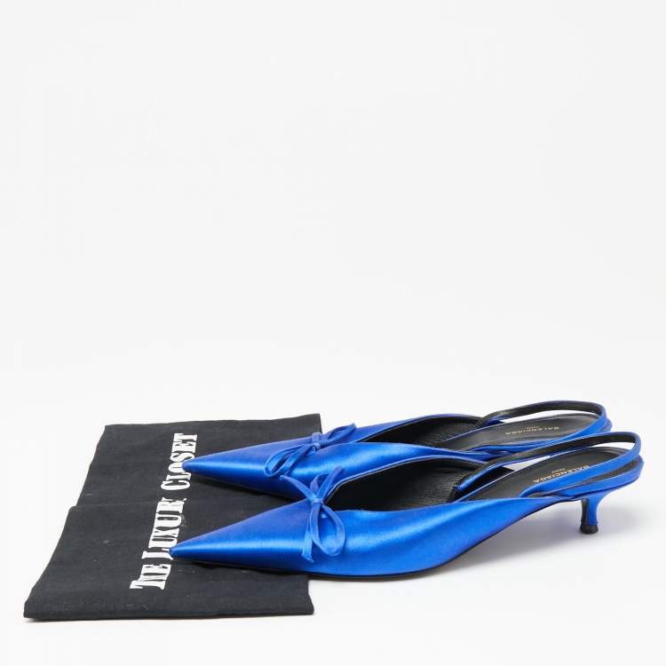 Pre Owned Balenciaga Blue Satin Bow Knife Slingback Sandals Size 37