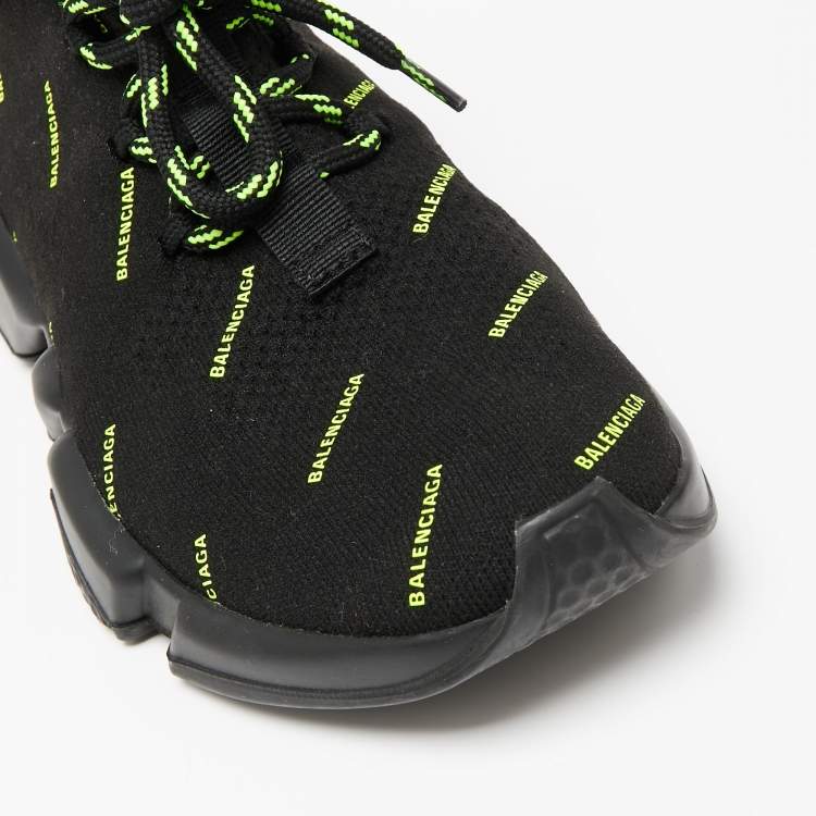 Pre Owned Balenciaga Black Knit Fabric Speed Trainer Neon Logo Lace Up Sock Sneakers Size 38