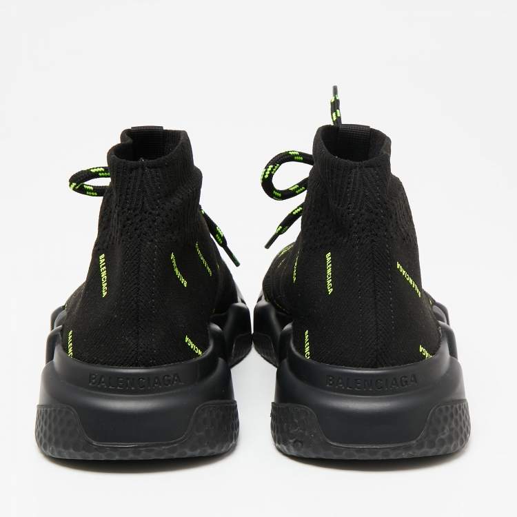 Pre Owned Balenciaga Black Knit Fabric Speed Trainer Neon Logo Lace Up Sock Sneakers Size 38