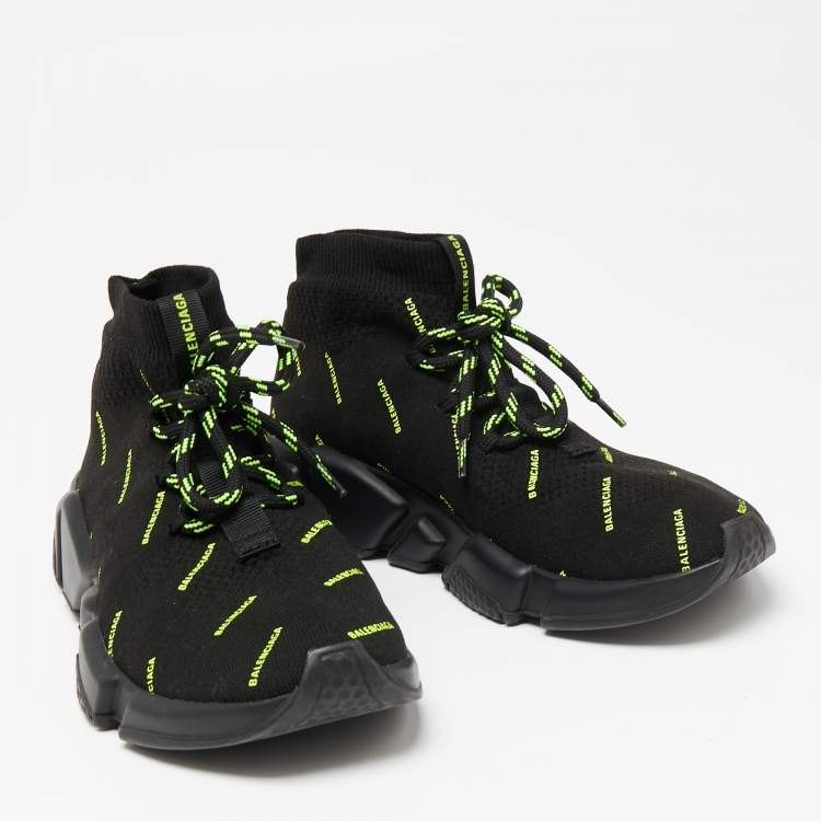 Pre Owned Balenciaga Black Knit Fabric Speed Trainer Neon Logo Lace Up Sock Sneakers Size 38