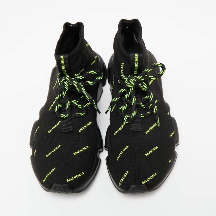 Pre Owned Balenciaga Black Knit Fabric Speed Trainer Neon Logo Lace Up Sock Sneakers Size 38
