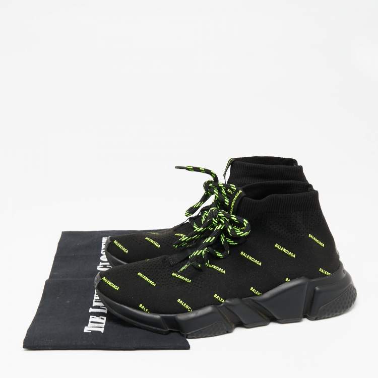 Pre Owned Balenciaga Black Knit Fabric Speed Trainer Neon Logo Lace Up Sock Sneakers Size 38