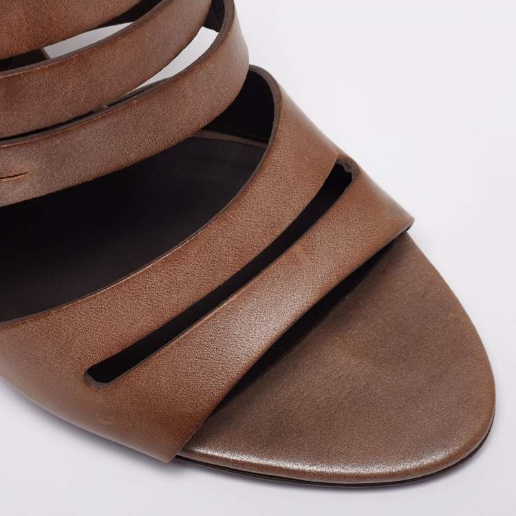 Pre Owned Balenciaga Brown Leather Button Detail  Ankle Strap Sandals Size 40.5