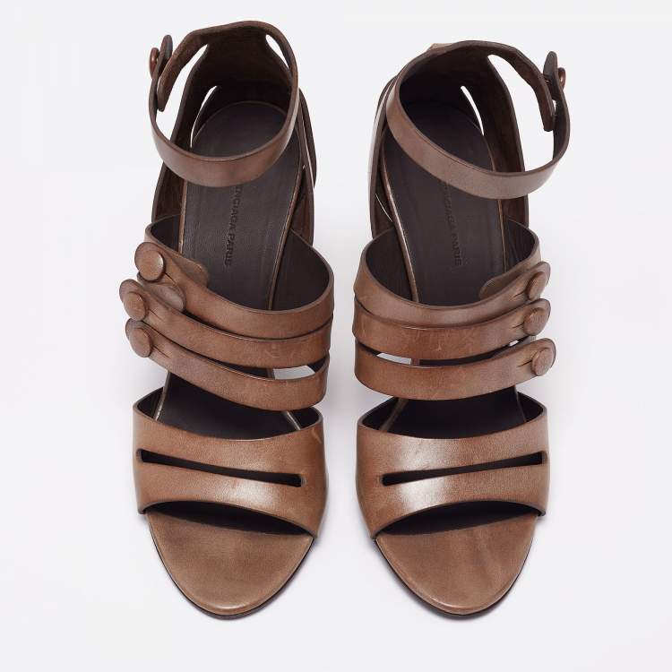 Pre Owned Balenciaga Brown Leather Button Detail  Ankle Strap Sandals Size 40.5