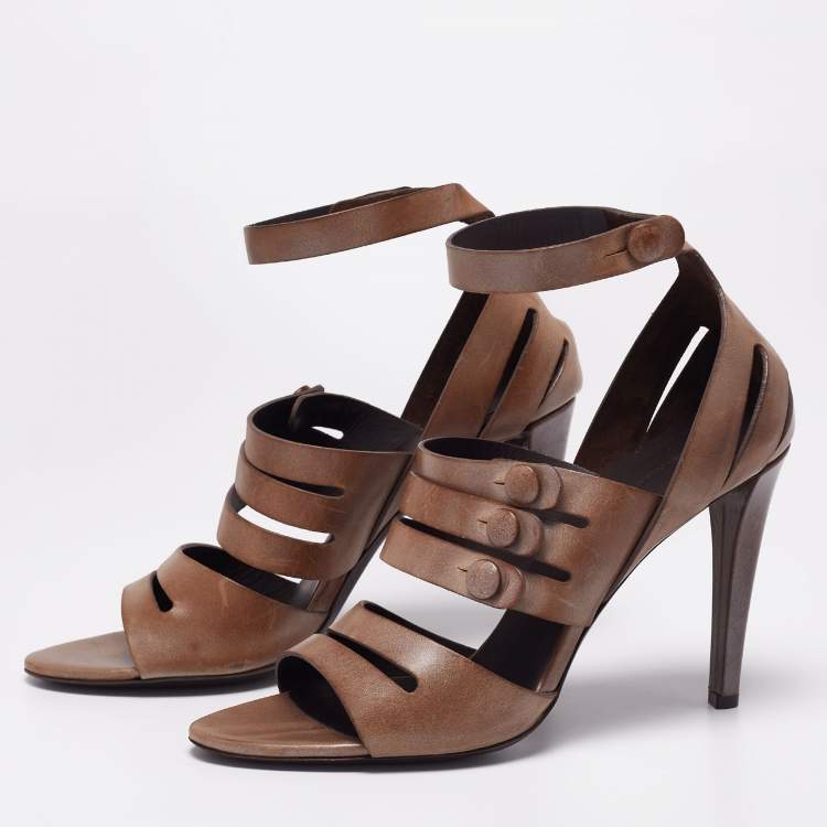 Pre Owned Balenciaga Brown Leather Button Detail  Ankle Strap Sandals Size 40.5