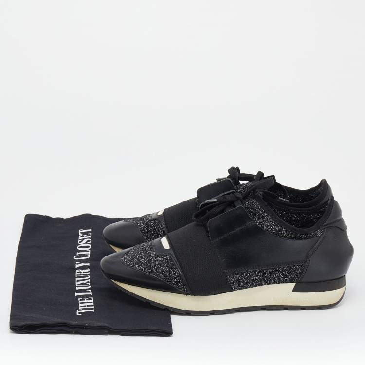 Pre Owned Balenciaga Black/Silver Stretch Fabric And Leather Race Runner Low Top Sneakers Size 39