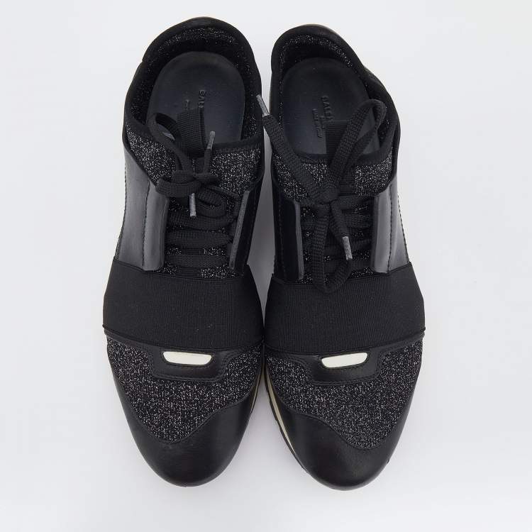 Pre Owned Balenciaga Black/Silver Stretch Fabric And Leather Race Runner Low Top Sneakers Size 39