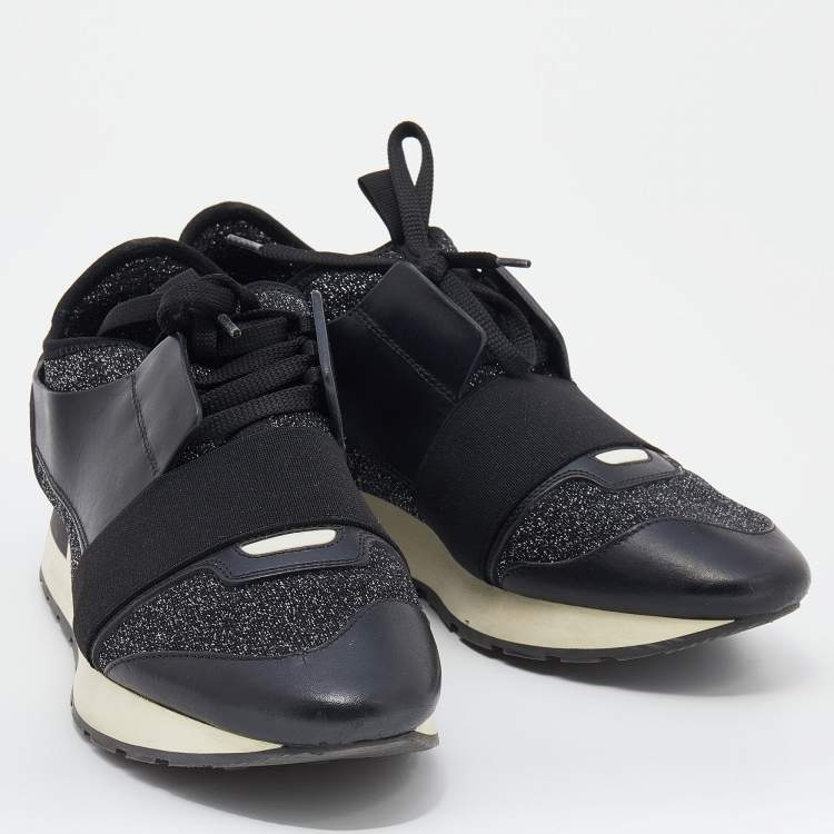 Pre Owned Balenciaga Black/Silver Stretch Fabric And Leather Race Runner Low Top Sneakers Size 39