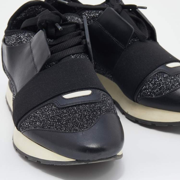 Pre Owned Balenciaga Black/Silver Stretch Fabric And Leather Race Runner Low Top Sneakers Size 39