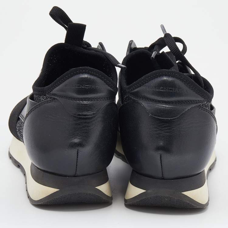 Pre Owned Balenciaga Black/Silver Stretch Fabric And Leather Race Runner Low Top Sneakers Size 39