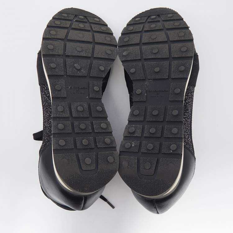 Pre Owned Balenciaga Black/Silver Stretch Fabric And Leather Race Runner Low Top Sneakers Size 39