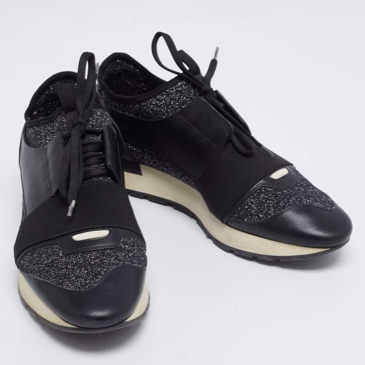 Pre Owned Balenciaga Black Lurex Fabric And Leather Race Runner Sneakers Size 40 
