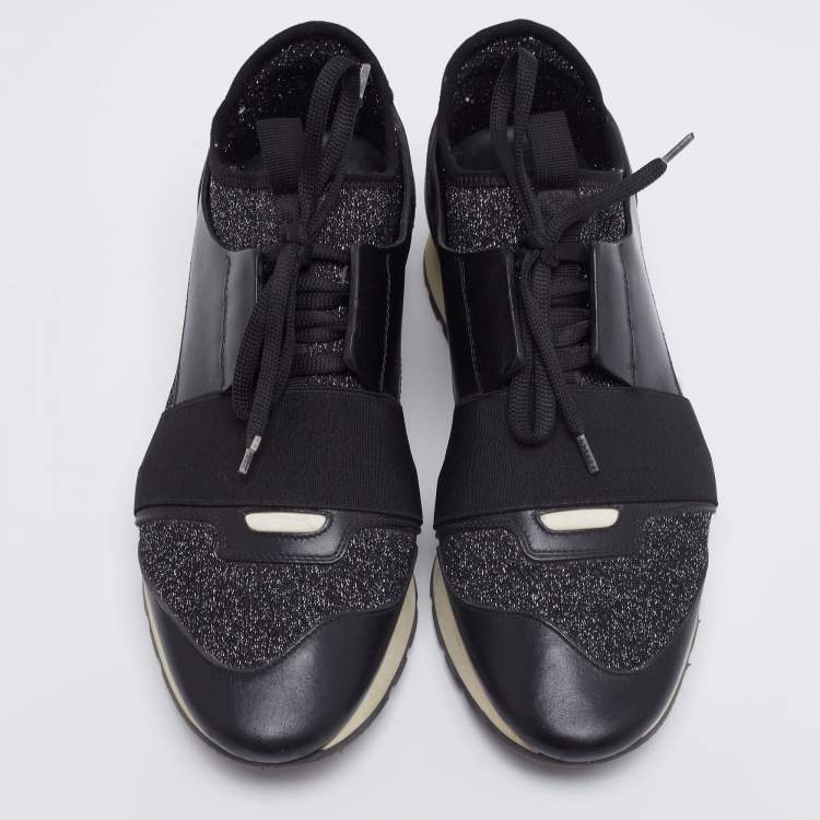 Pre Owned Balenciaga Black Lurex Fabric And Leather Race Runner Sneakers Size 40 