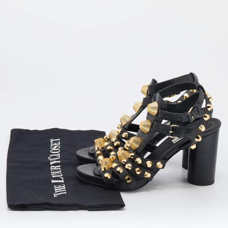 Pre Owned Balenciaga Black Leather Arena Studded Gladiator Block Heel Sandals Size 37