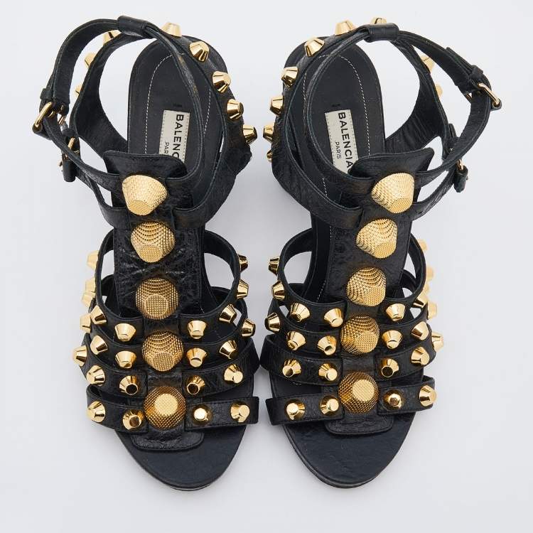 Pre Owned Balenciaga Black Leather Arena Studded Gladiator Block Heel Sandals Size 37