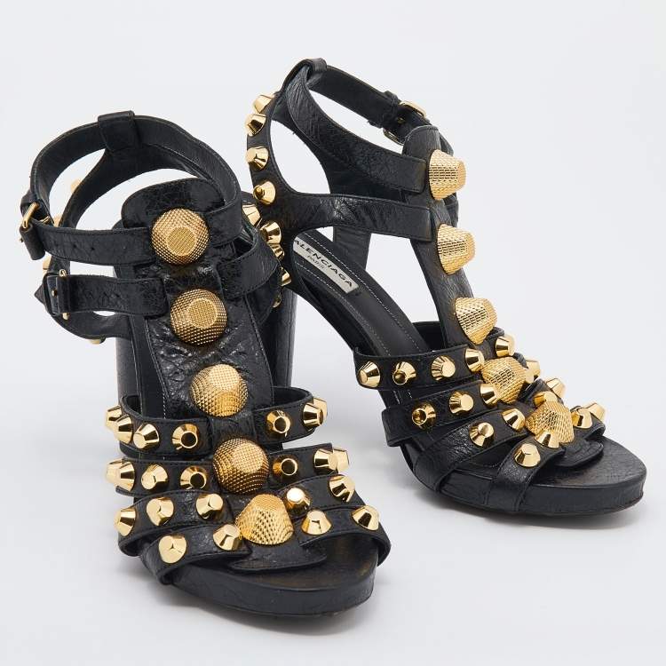 Pre Owned Balenciaga Black Leather Arena Studded Gladiator Block Heel Sandals Size 37