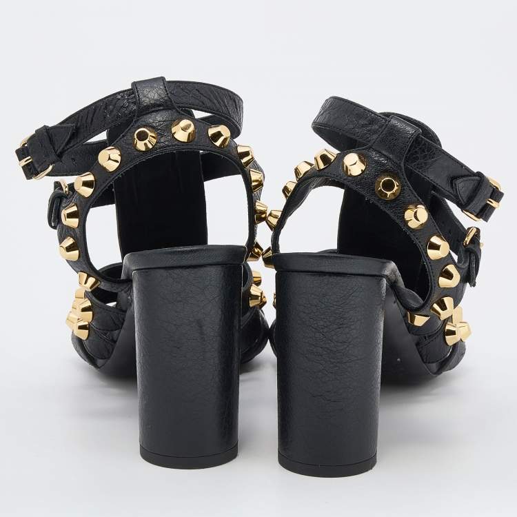 Pre Owned Balenciaga Black Leather Arena Studded Gladiator Block Heel Sandals Size 37