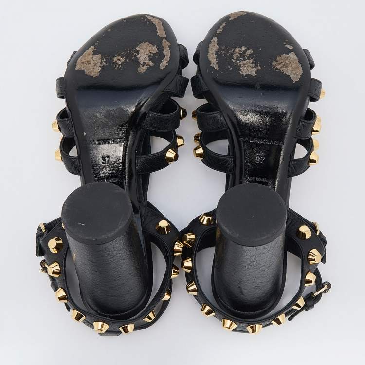 Pre Owned Balenciaga Black Leather Arena Studded Gladiator Block Heel Sandals Size 37