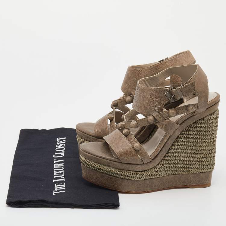 Pre Owned Balenciaga Grey Leather Arena  Studded Strappy Raffia Wedge Sandals Size 38
