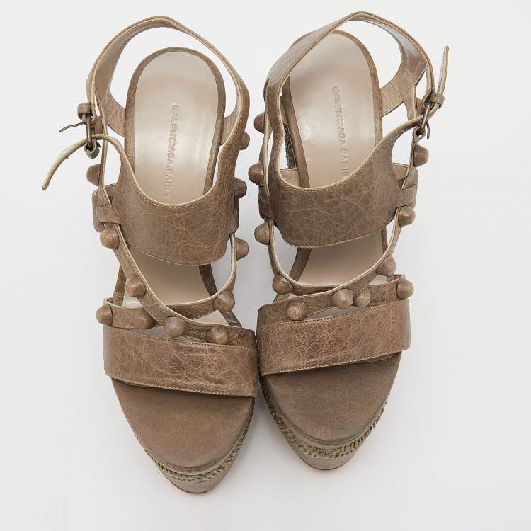 Pre Owned Balenciaga Grey Leather Arena  Studded Strappy Raffia Wedge Sandals Size 38