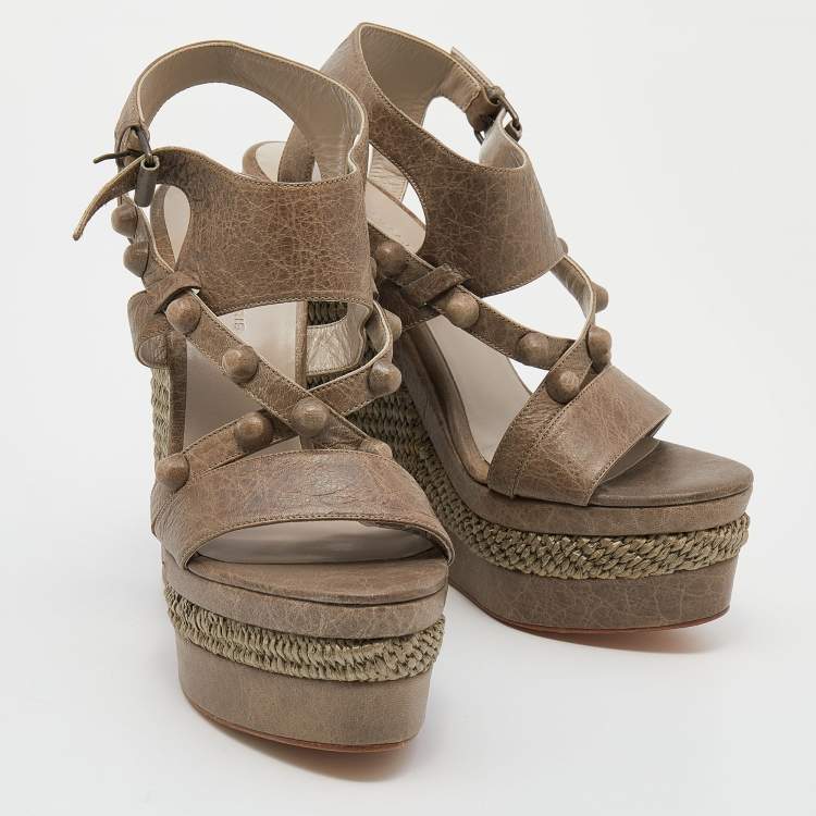 Pre Owned Balenciaga Grey Leather Arena  Studded Strappy Raffia Wedge Sandals Size 38