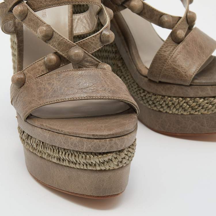 Pre Owned Balenciaga Grey Leather Arena  Studded Strappy Raffia Wedge Sandals Size 38