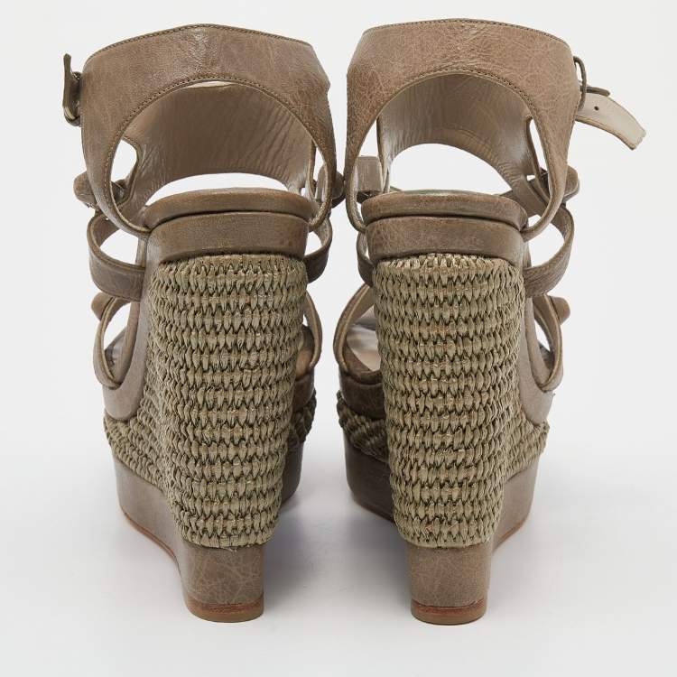 Pre Owned Balenciaga Grey Leather Arena  Studded Strappy Raffia Wedge Sandals Size 38