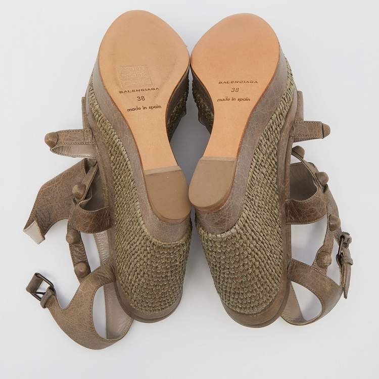 Pre Owned Balenciaga Grey Leather Arena  Studded Strappy Raffia Wedge Sandals Size 38