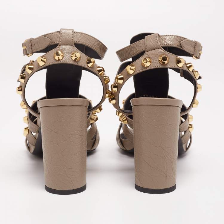 Pre Owned Balenciaga Grey Textured Leather Studded Ankle Strap Block Heel Sandals Size 41
