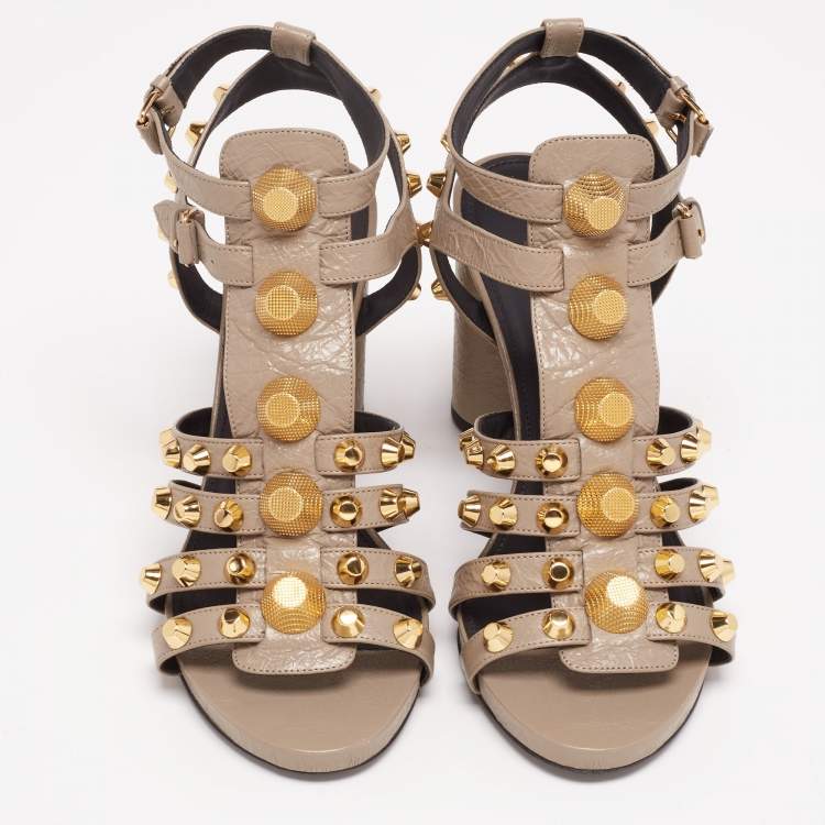 Pre Owned Balenciaga Grey Textured Leather Studded Ankle Strap Block Heel Sandals Size 41
