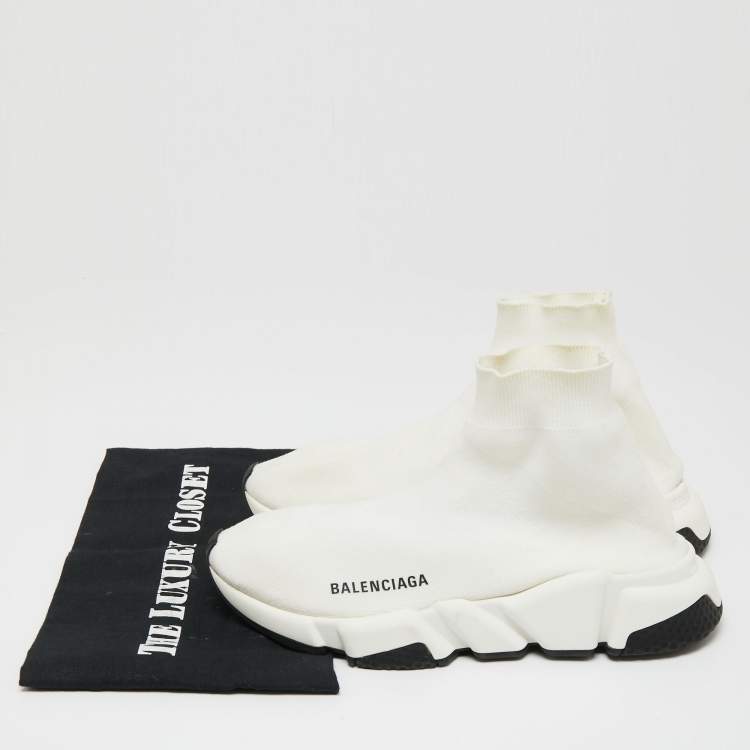 Pre Owned Balenciaga Off-White Knit Fabric Speed Trainer Sneakers Size 38