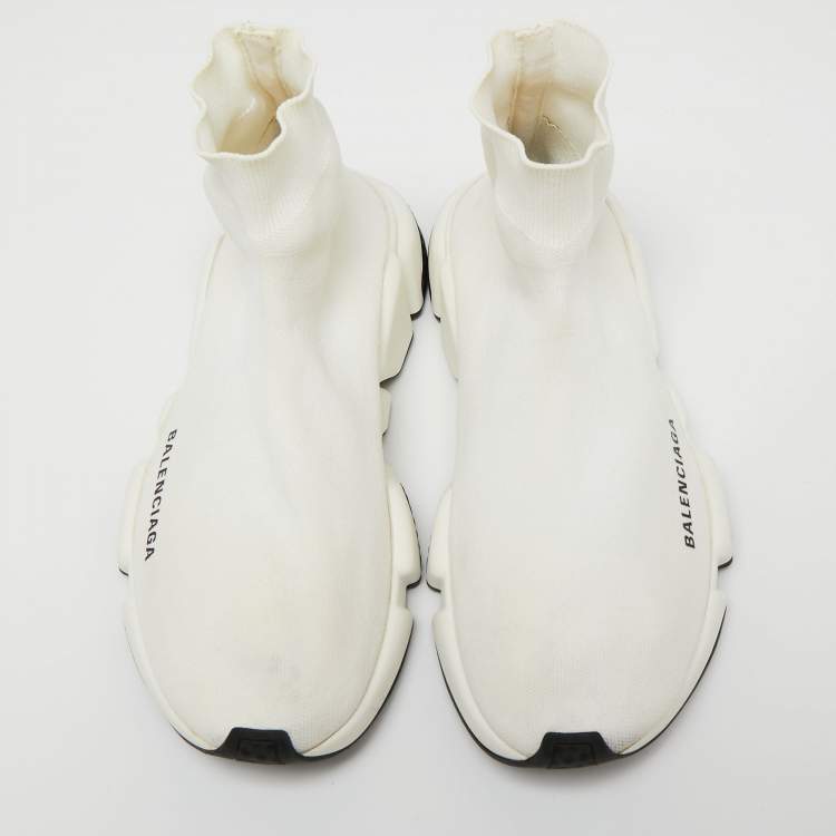 Pre Owned Balenciaga Off-White Knit Fabric Speed Trainer Sneakers Size 38
