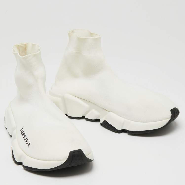 Pre Owned Balenciaga Off-White Knit Fabric Speed Trainer Sneakers Size 38