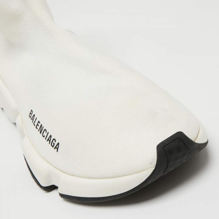 Pre Owned Balenciaga Off-White Knit Fabric Speed Trainer Sneakers Size 38