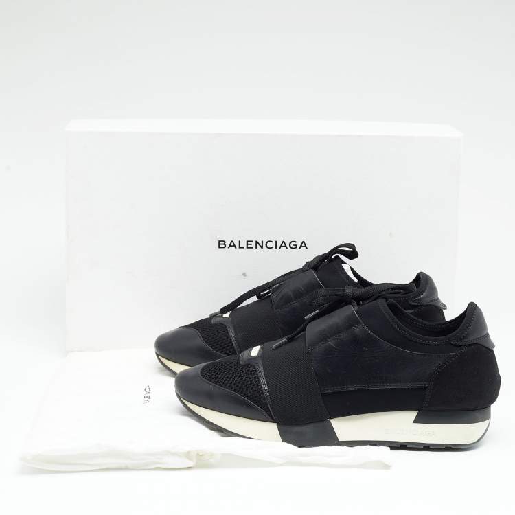 Pre Owned Balenciaga Black Leather, Suede and Mesh Race Runner Sneakers Size 38