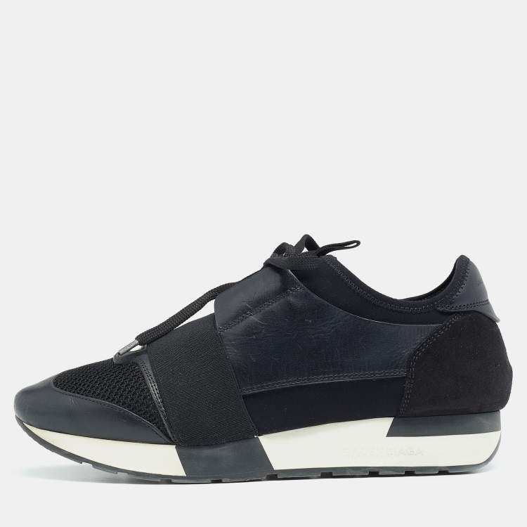 Pre Owned Balenciaga Black Leather, Suede and Mesh Race Runner Sneakers Size 38