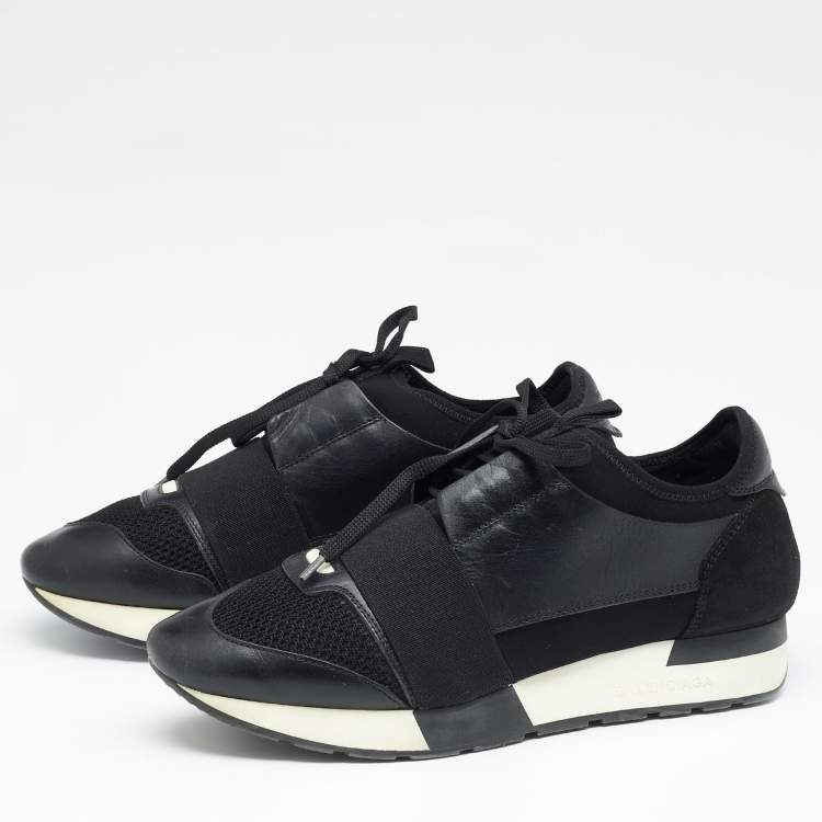 Pre Owned Balenciaga Black Leather, Suede and Mesh Race Runner Sneakers Size 38