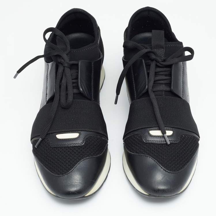 Pre Owned Balenciaga Black Leather, Suede and Mesh Race Runner Sneakers Size 38