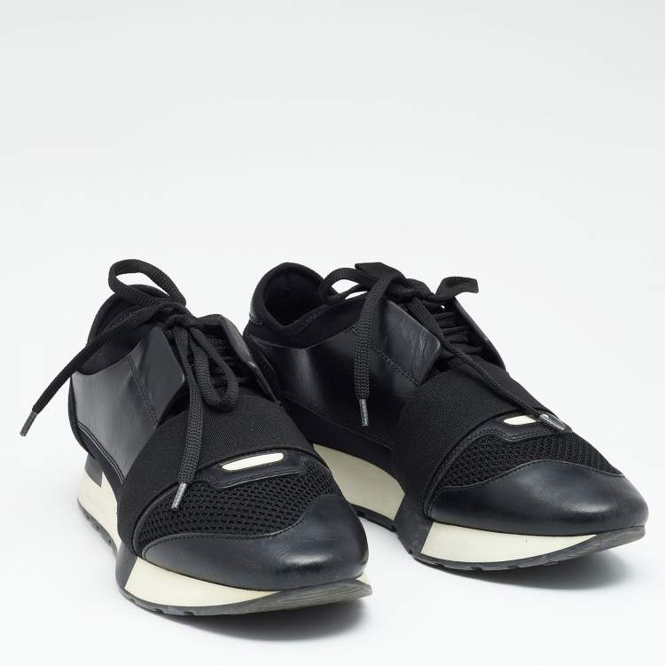 Pre Owned Balenciaga Black Leather, Suede and Mesh Race Runner Sneakers Size 38
