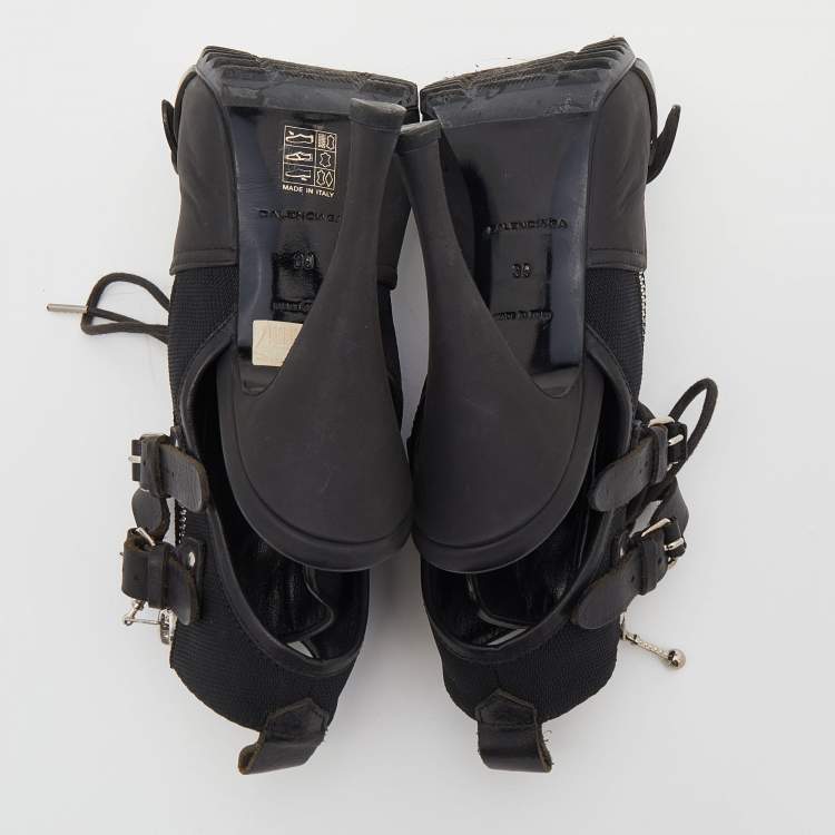 Pre Owned Balenciaga Black Leather And Fabric Open Toe Lace Up Ankle Booties Size 39