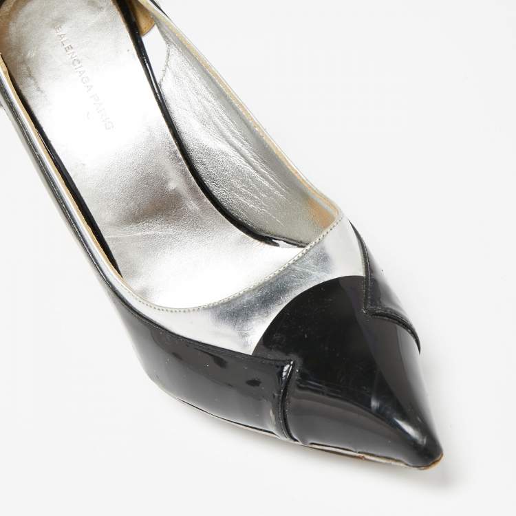 Pre Owned Balenciaga Silver/Black Patent And Leather Pointed Toe Pumps Size 38.5
