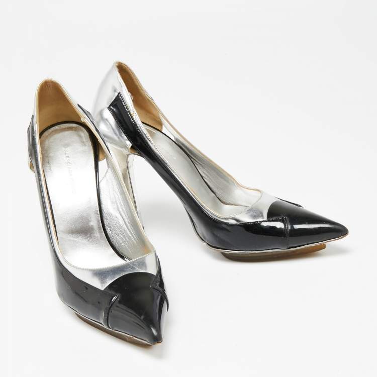 Pre Owned Balenciaga Silver/Black Patent And Leather Pointed Toe Pumps Size 38.5