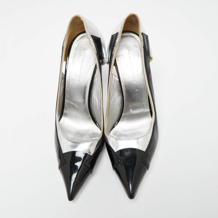 Pre Owned Balenciaga Silver/Black Patent And Leather Pointed Toe Pumps Size 38.5