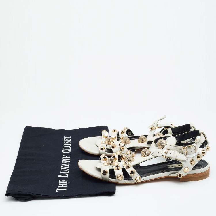 Pre Owned Balenciaga White Leather Studded Ankle Strap Flat Sandals Size 39