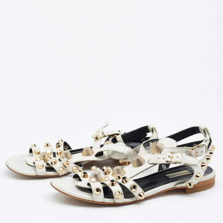 Pre Owned Balenciaga White Leather Studded Ankle Strap Flat Sandals Size 39