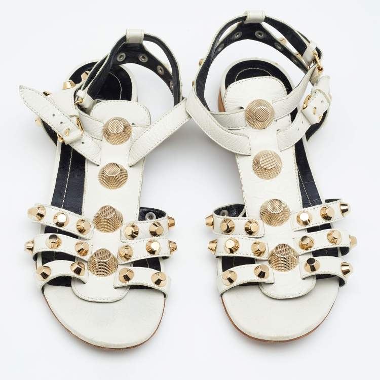 Pre Owned Balenciaga White Leather Studded Ankle Strap Flat Sandals Size 39