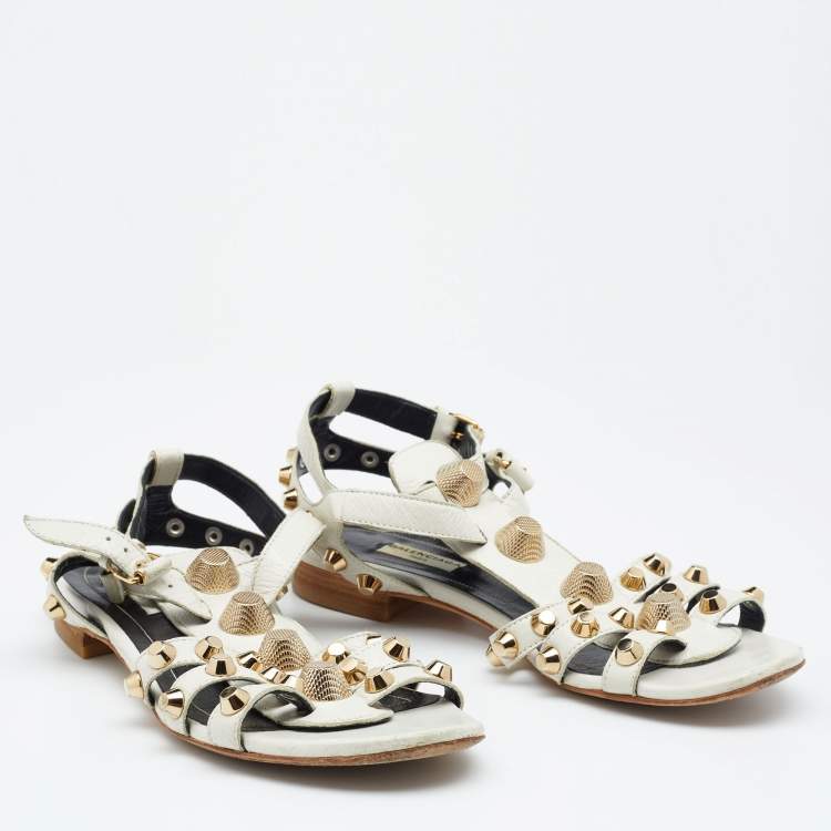 Pre Owned Balenciaga White Leather Studded Ankle Strap Flat Sandals Size 39
