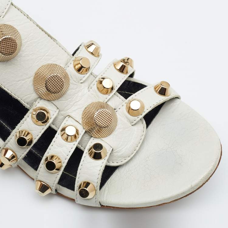 Pre Owned Balenciaga White Leather Studded Ankle Strap Flat Sandals Size 39